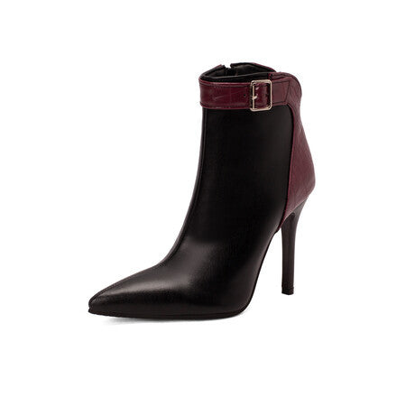 Autumn And Winter Colorblock Belt Buckle Stiletto High Heel Pointed Toe Women's Ankle Boots