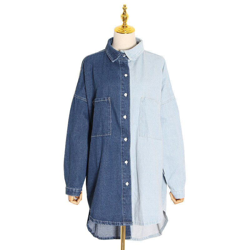 SuperAen Turn Down Collar Shirt Autumn New Fashion Contrast Patchwork Full Jeans Womens Tops
