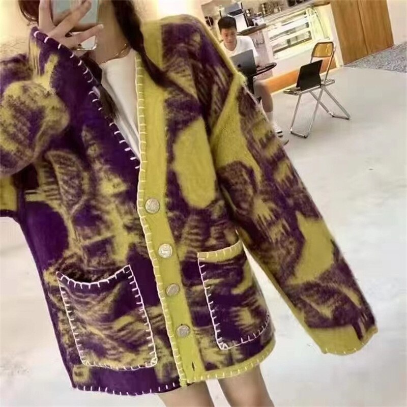 UCXQ Winter Knitted Cardigan Vintage Tie Dye Loose V-neck Tops Autumn New Leisure Long Sleeve Women Sweater Tide 10AB3511