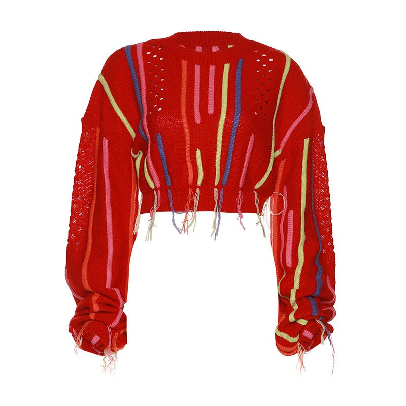 European and American Style Women's Spring New Ins Street Photo Fashion Knit Shirt Color Matching Tassels Versatile Casual Sweat