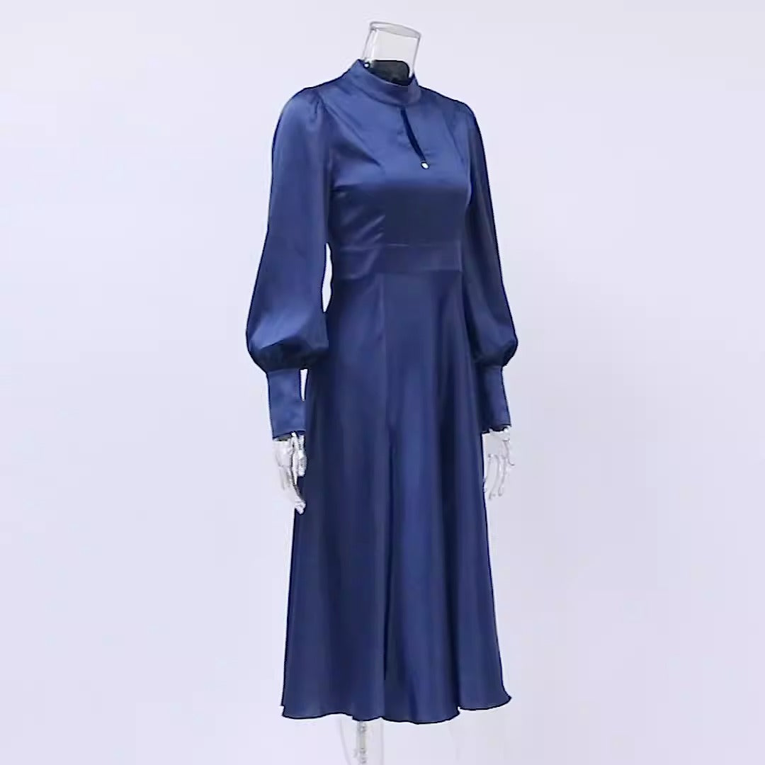 New style satin imitation silk French dress elegant European and American women high waist hollow dress