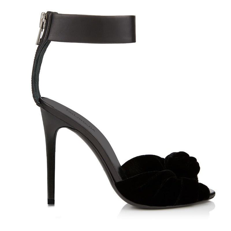 European and American Womens Red Black Velvet Knotted High Heels Sandals, Oversized Fashion Shoes