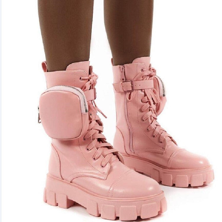 New product Pocket Motorcycle Boots Women Platform Shoes Lace Up Thick-soled Black Military Shoes Woman Half Botas Mujer