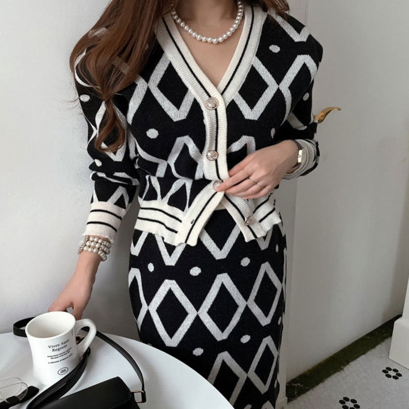 Korean Elegant Knitted 2 Piece Skirt Set Women Autumn V-neck Cardigan + High Waisted Skirt Matching Set Vintage 2 Piece Set