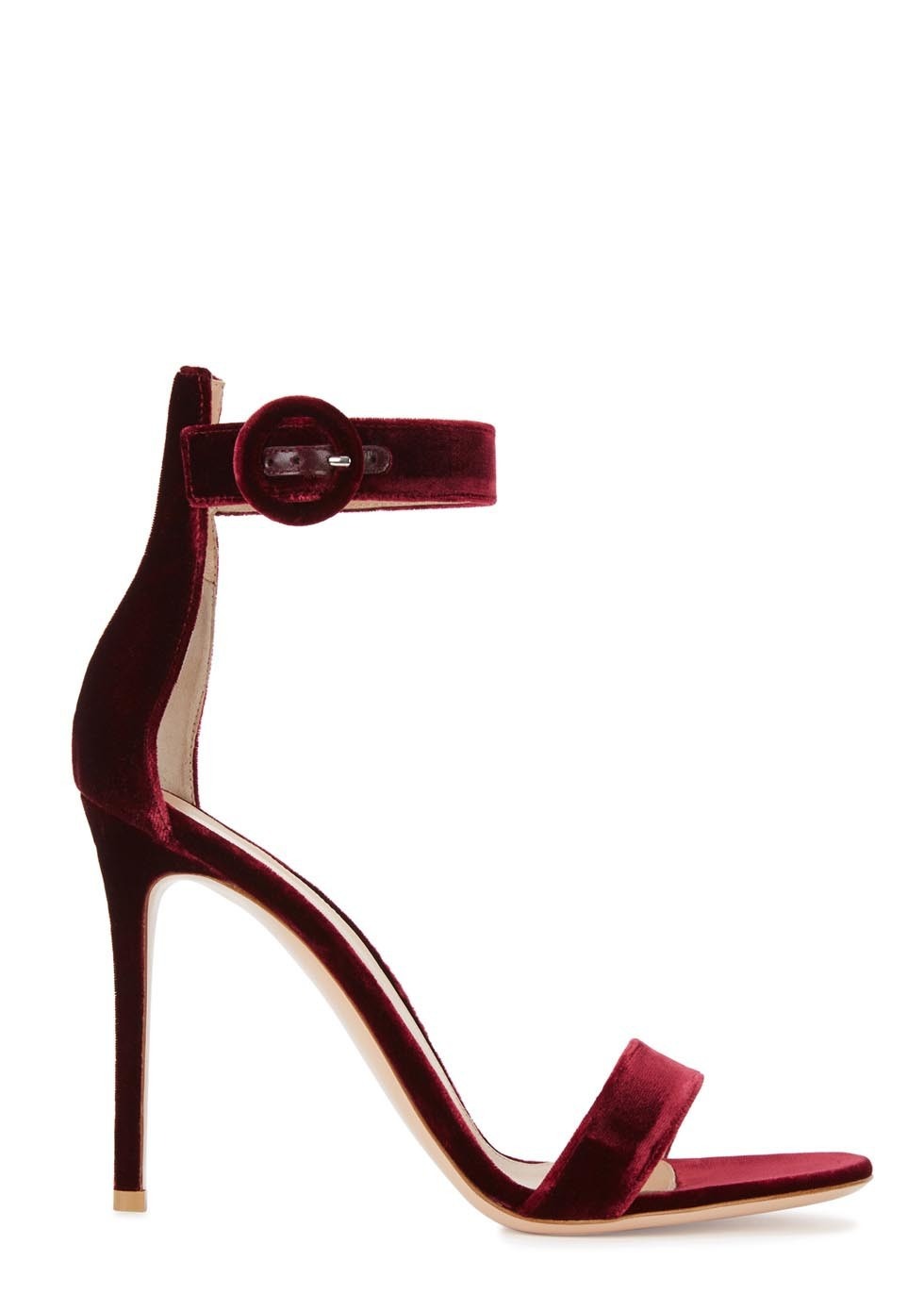 European and American Womens One Line With Ankle Buckle Bag Heel Bare Wine Red Velvet Sandals