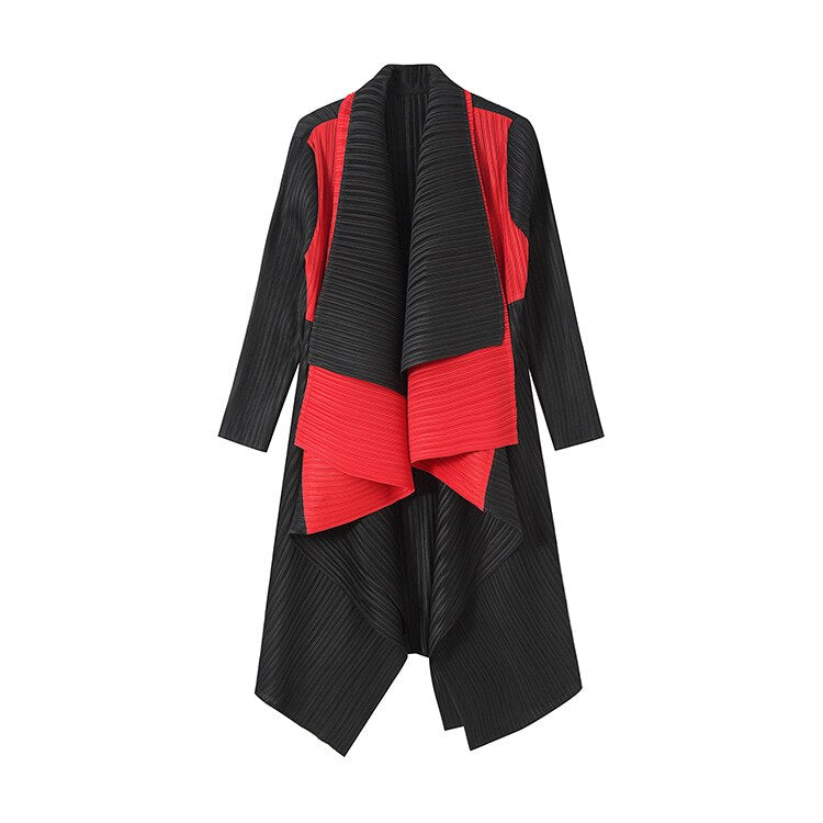 Patchwork Double Collar Cardigan Long Sleeve Pleated Trench Coat Women Medium Long Autumn Luxury Lady Windbreaker