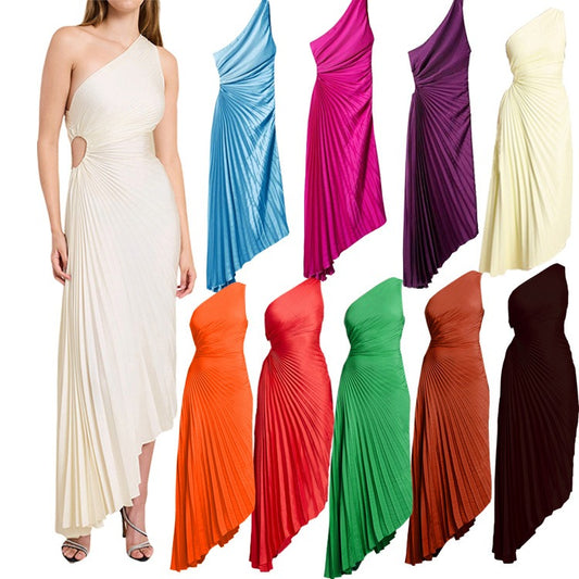 Single shoulder diagonal neckline pleated hollow out dress skirt (satin)