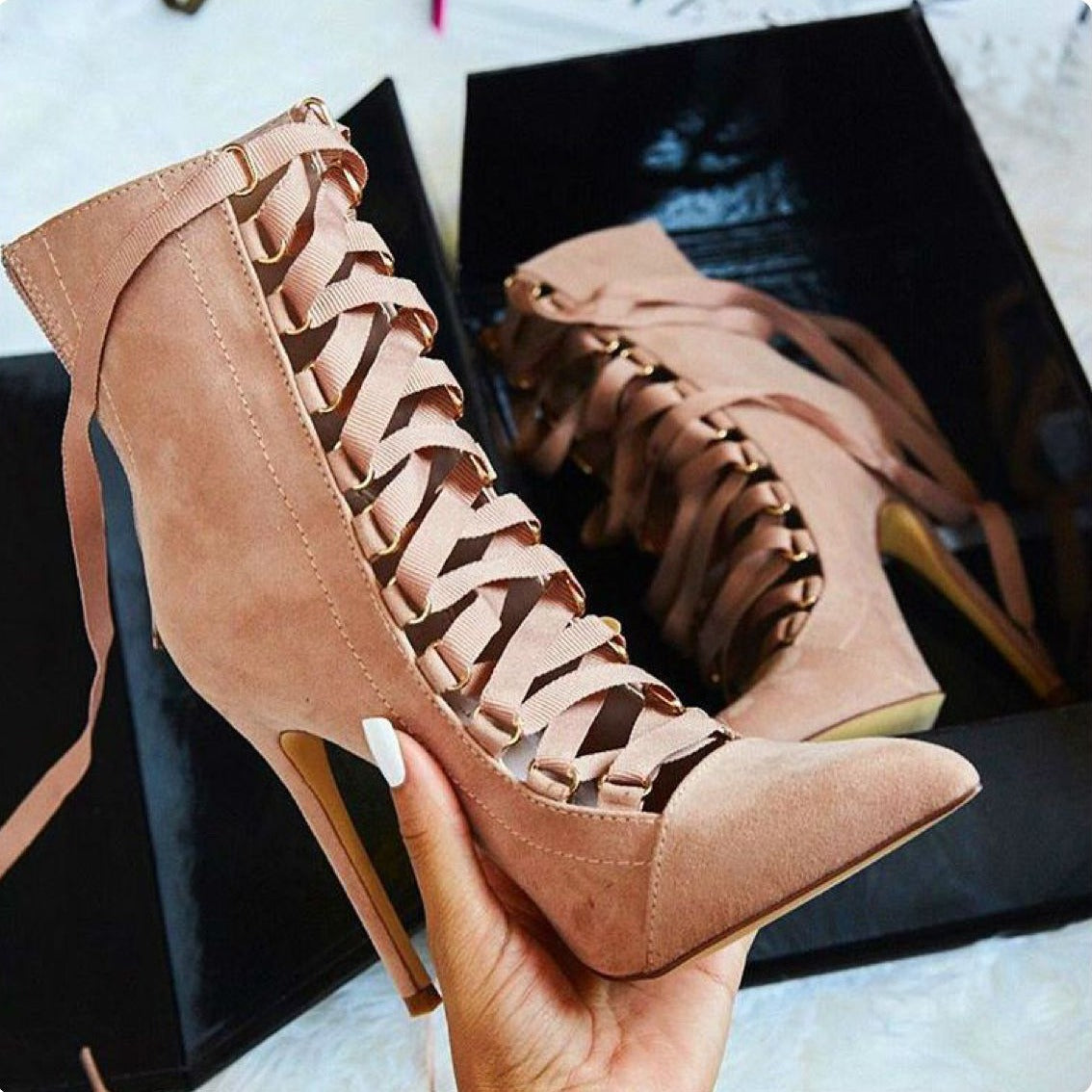 Cross-Strap Oxford Stiletto Heel Martin Boots Pointed Toe Lace High-Heeled Mid-Boots Single Boots Women