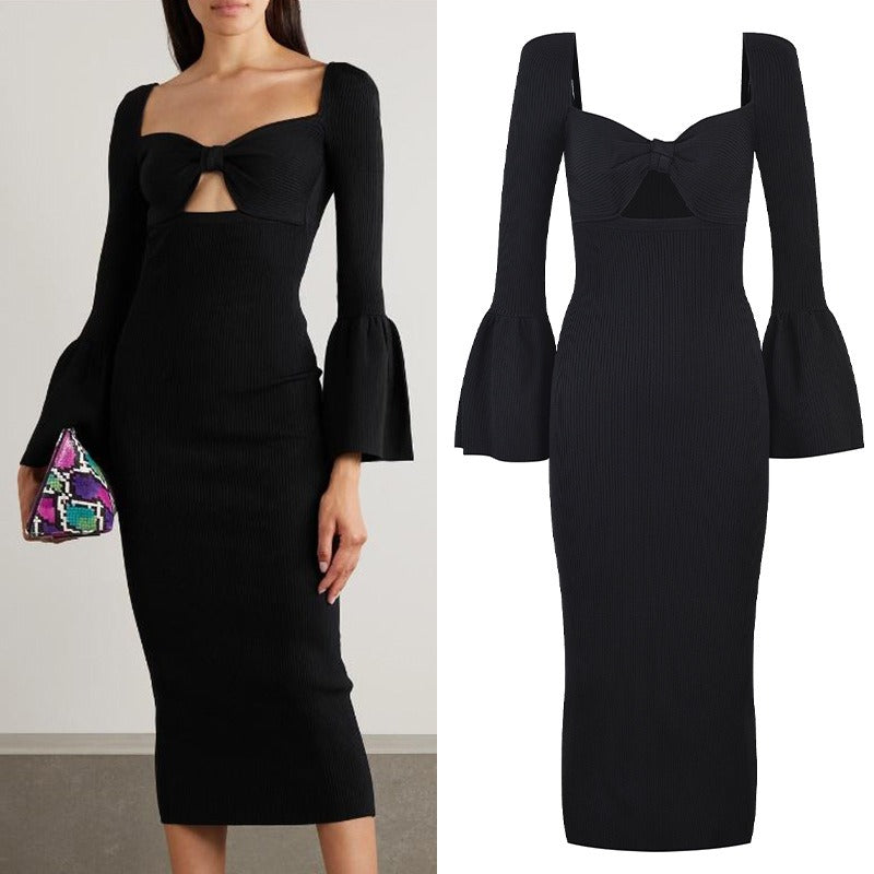 French Style Sexy Open Back Flare Sleeve Wrap Hip Dress Autumn/Winter New Fashion Black Dress