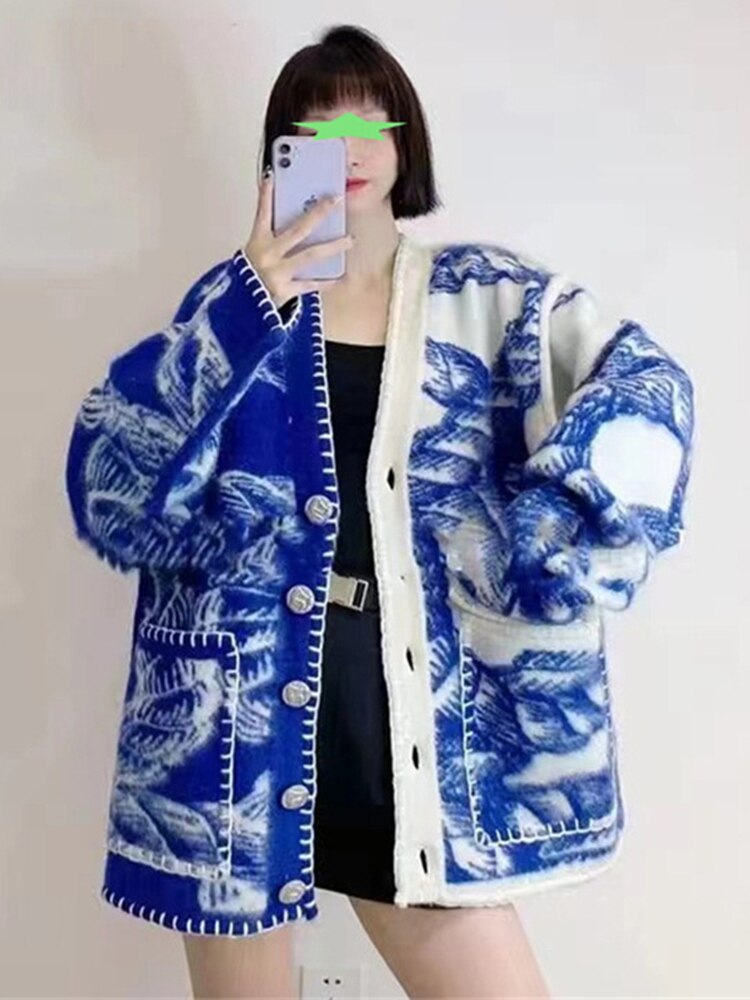 UCXQ Winter Knitted Cardigan Vintage Tie Dye Loose V-neck Tops Autumn  New Leisure Long Sleeve Women Sweater Tide 10AB3511