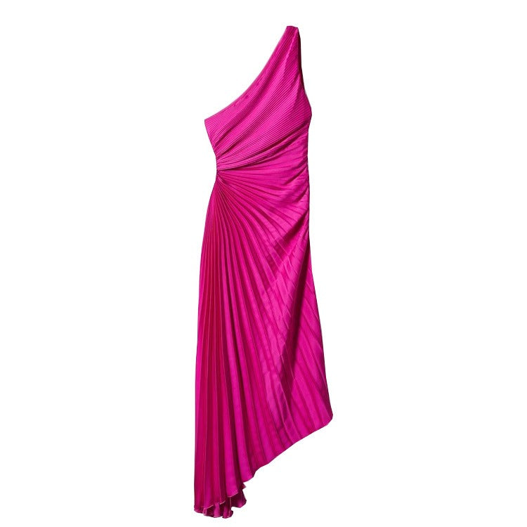Single shoulder diagonal neckline pleated hollow out dress skirt (satin)