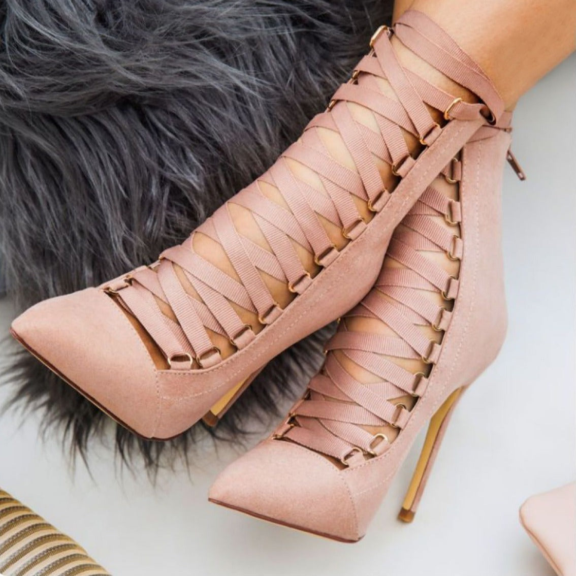 Cross-Strap Oxford Stiletto Heel Martin Boots Pointed Toe Lace High-Heeled Mid-Boots Single Boots Women