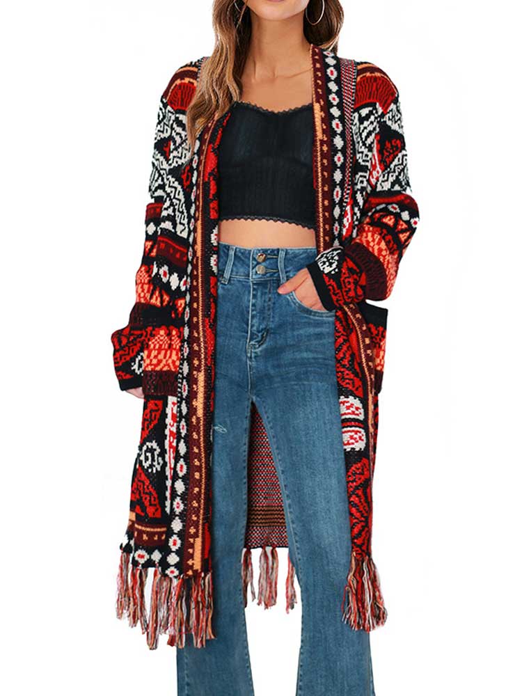 BOHO INSPIRED Knit Cardigans Jacquard cardigan Coat Women autumn winter Geometry Open stitch Tassel bohemian long cardigan women