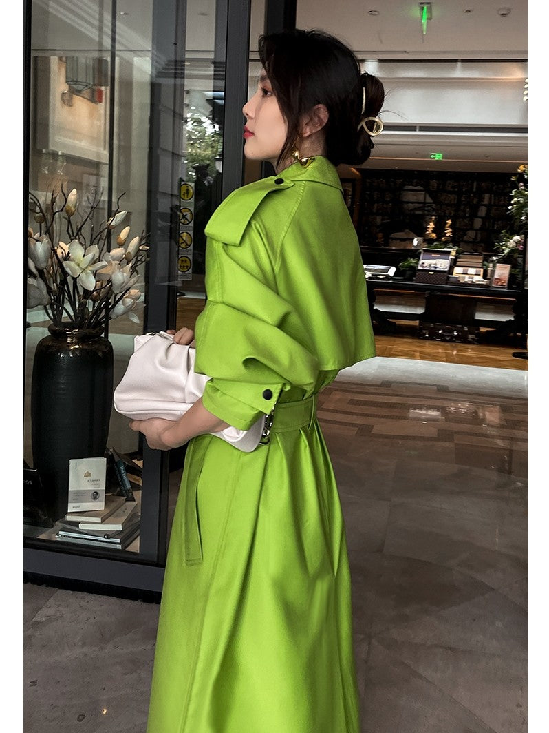 Fluorescent green large lapel mid length lace up loose windbreaker jacket