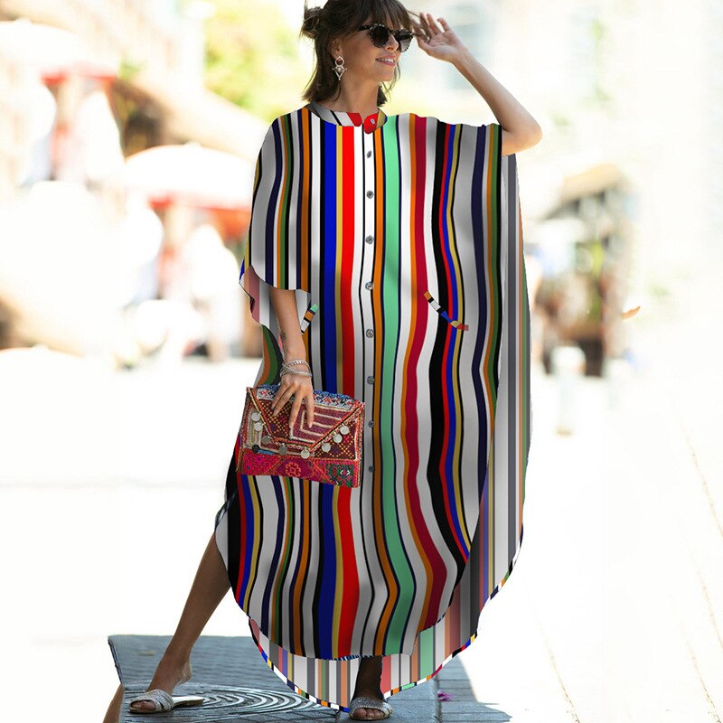 SuperAen  New Loose Oversized Striped Holiday Robe Sunscreen Cardigan Beach Coat Bikini Swimsuit Blouse