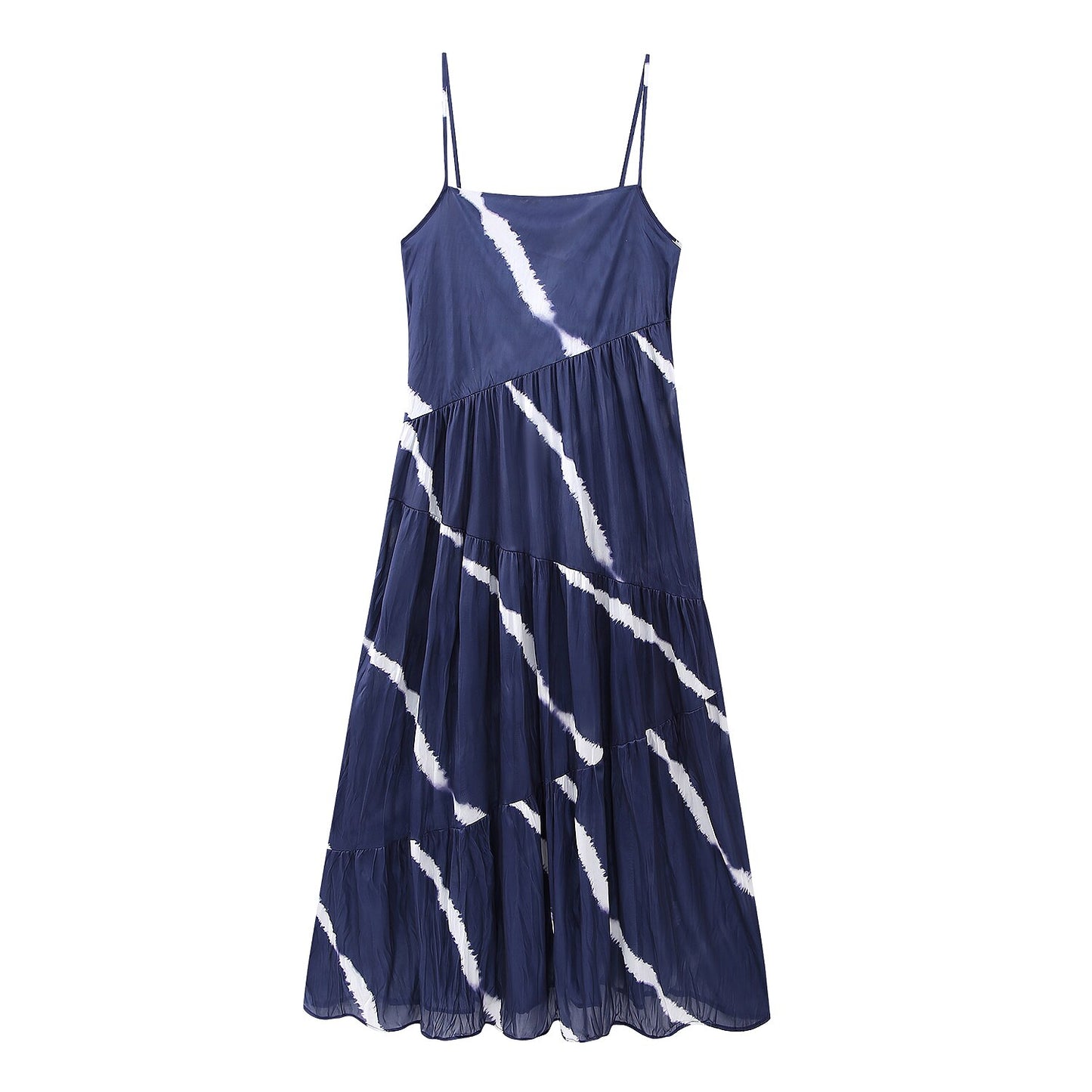 XNWMNZ Women Fashion New Creased-Effect Tie Dyed Dress Vacation Style Straight Neck Thin Straps Female Chic Midi Dresses