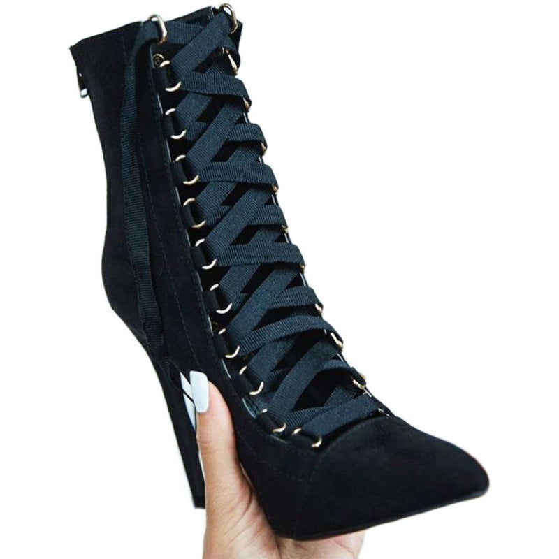 Cross-Strap Oxford Stiletto Heel Martin Boots Pointed Toe Lace High-Heeled Mid-Boots Single Boots Women