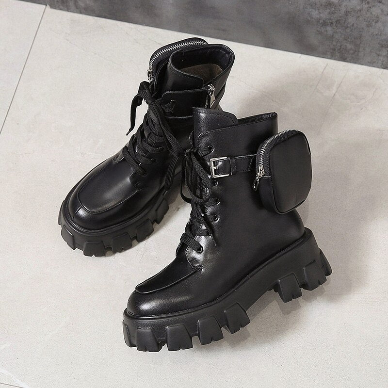 New product Pocket Motorcycle Boots Women Platform Shoes Lace Up Thick-soled Black Military Shoes Woman Half Botas Mujer
