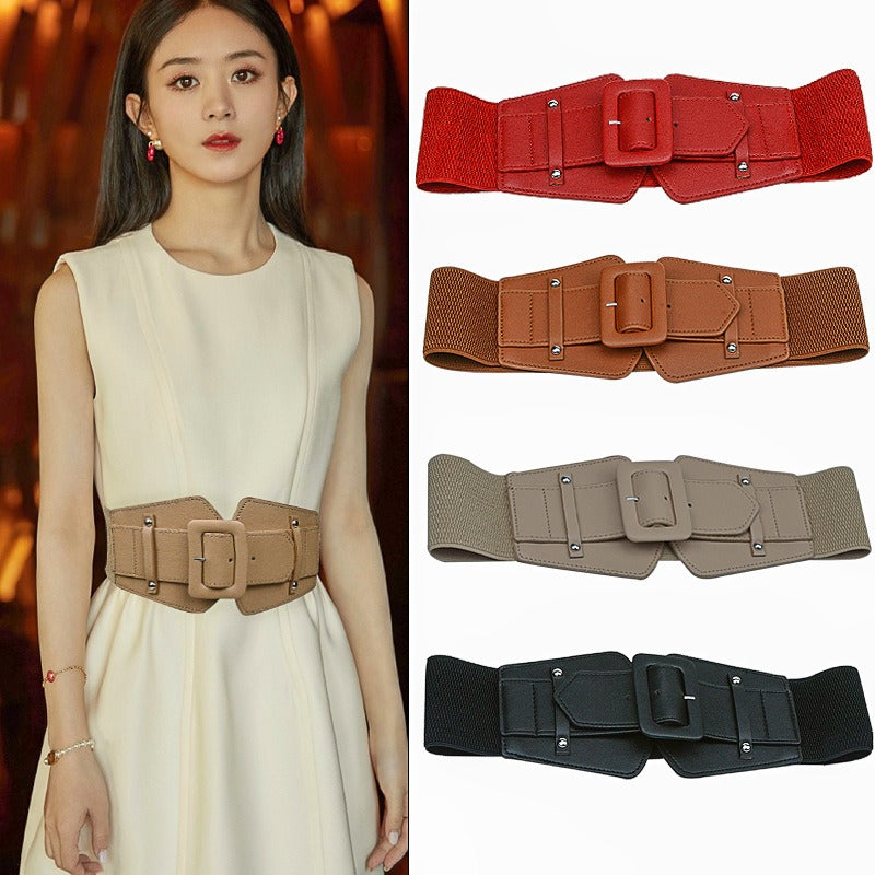 Women's bag buckle elastic belt waist cover versatile dress coat elastic belt