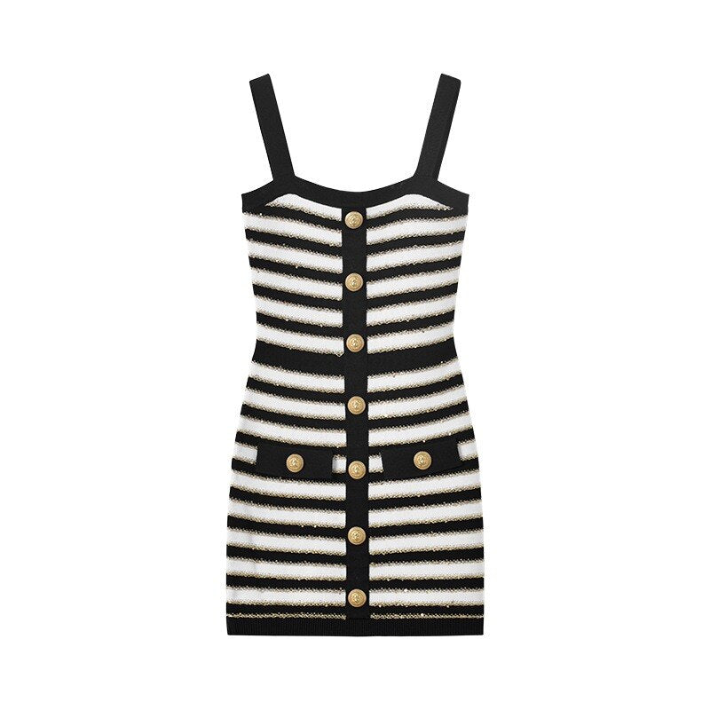 Newest Summer Black and White Contrast Color Striped Gold Shining Thread Slim Spaghetti Straps Women Knitting Sexy Dress