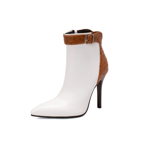 Autumn And Winter Colorblock Belt Buckle Stiletto High Heel Pointed Toe Women's Ankle Boots