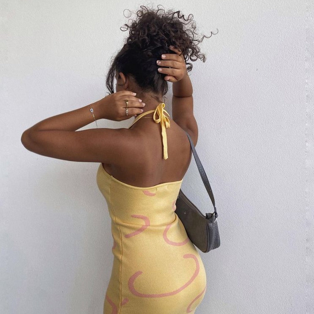 Summer Women's Knitted Lace up Neck Hanging U Neck Long Slim Fit Open Backpack Hip Dress