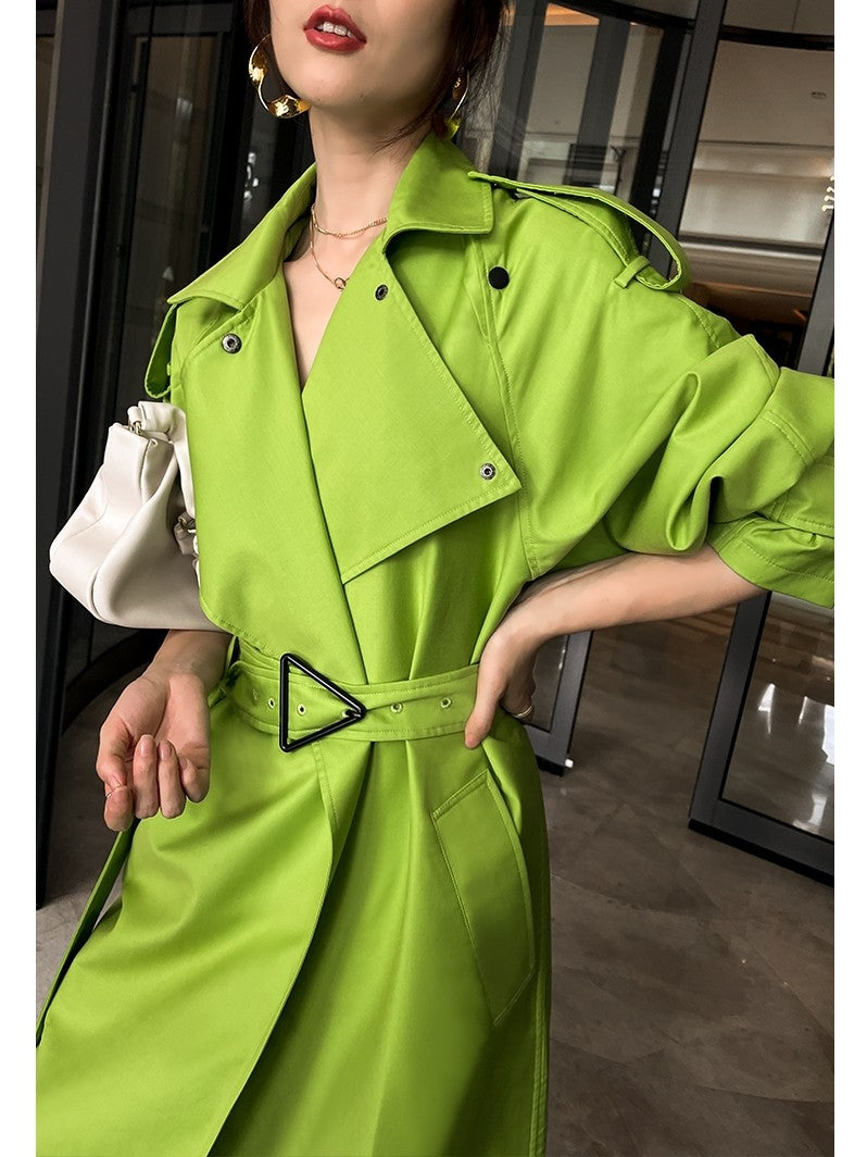 Fluorescent green large lapel mid length lace up loose windbreaker jacket