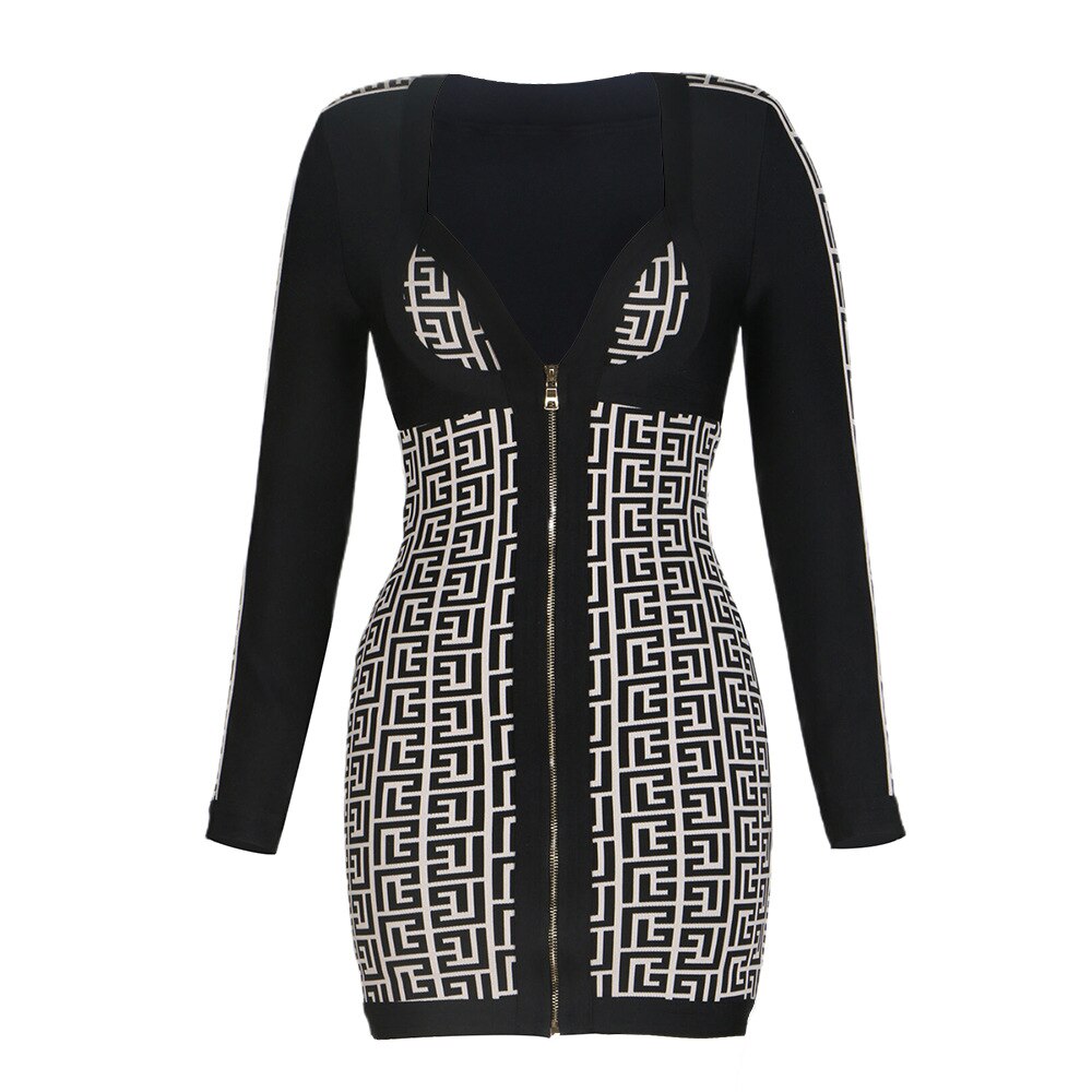 DesireFair Trendy Women Slim Casual Sexy Wind V-Neck Long-Sleeved Jacquard Zipper High Waist Splicing Tight Dresses