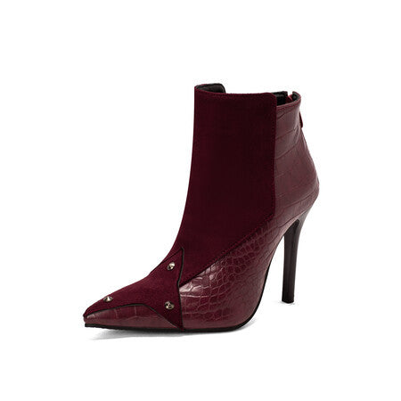Plus Size Winter Metal Studs Stiletto Heel Pointed Toe Ladies Short Boots