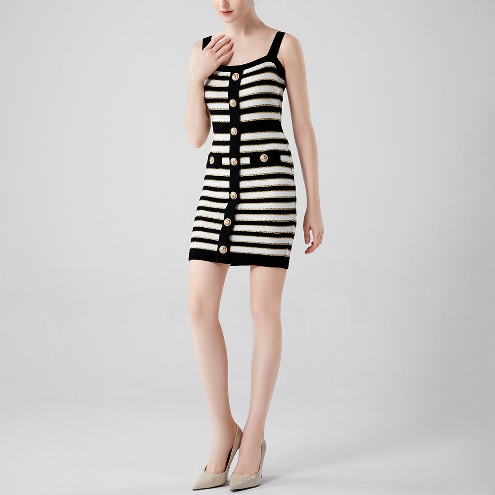 Newest Summer Black and White Contrast Color Striped Gold Shining Thread Slim Spaghetti Straps Women Knitting Sexy Dress