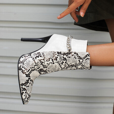 Metal Chain Snake Print Colorblock Autumn/Winter Stiletto High Heel Pointed Toe Ladies Short Boots