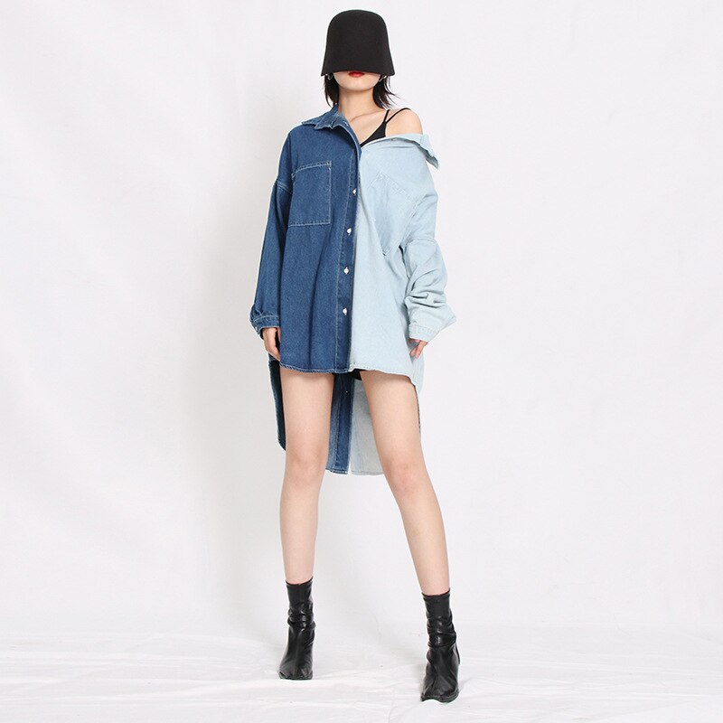 SuperAen Turn Down Collar Shirt Autumn  New Fashion Contrast Patchwork Full Jeans Womens Tops