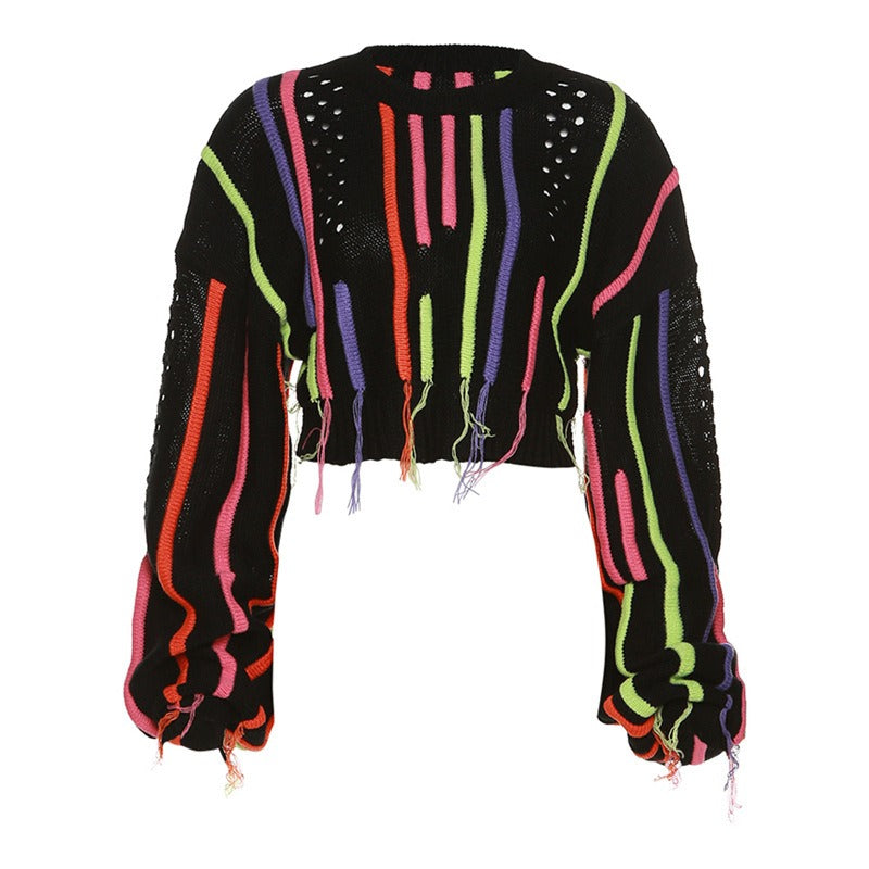 European and American Style Women's Spring New Ins Street Photo Fashion Knit Shirt Color Matching Tassels Versatile Casual Sweat