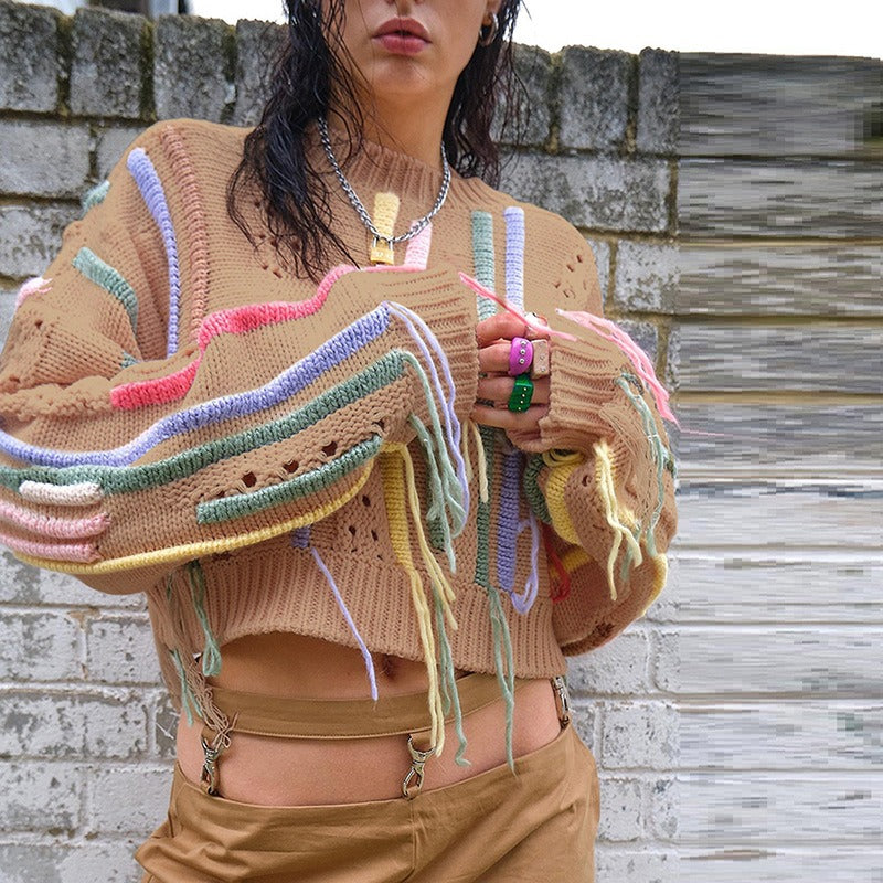 European and American Style Women's Spring New Ins Street Photo Fashion Knit Shirt Color Matching Tassels Versatile Casual Sweat