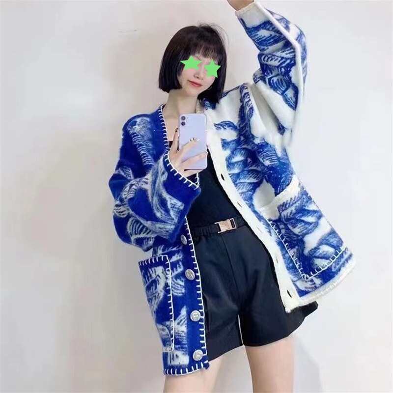 UCXQ Winter Knitted Cardigan Vintage Tie Dye Loose V-neck Tops Autumn  New Leisure Long Sleeve Women Sweater Tide 10AB3511