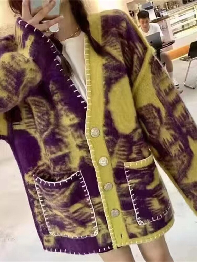 UCXQ Winter Knitted Cardigan Vintage Tie Dye Loose V-neck Tops Autumn  New Leisure Long Sleeve Women Sweater Tide 10AB3511