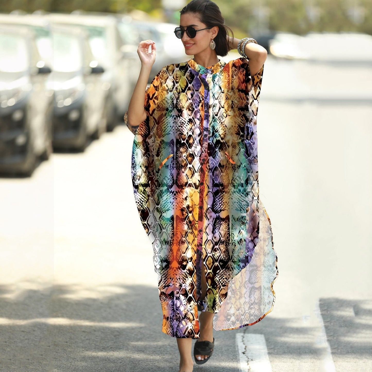SuperAen  New Loose Oversized Striped Holiday Robe Sunscreen Cardigan Beach Coat Bikini Swimsuit Blouse