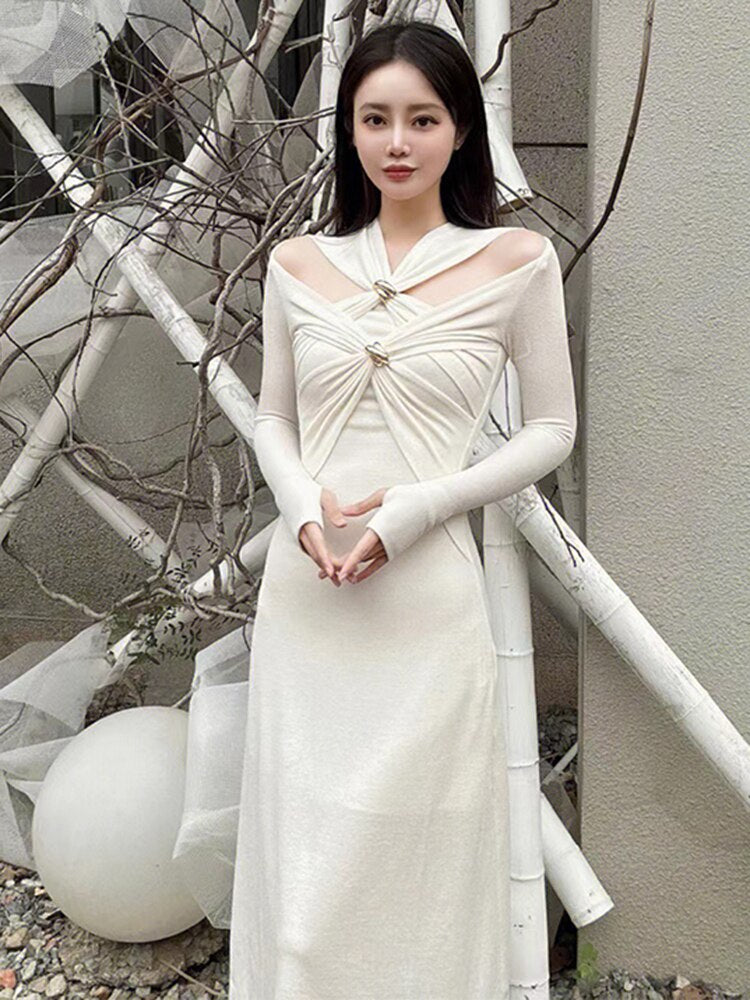 Knitting White Dresses For Women V Neck Long Sleeve High Waist Hollow Out Slim Dress Female Summer