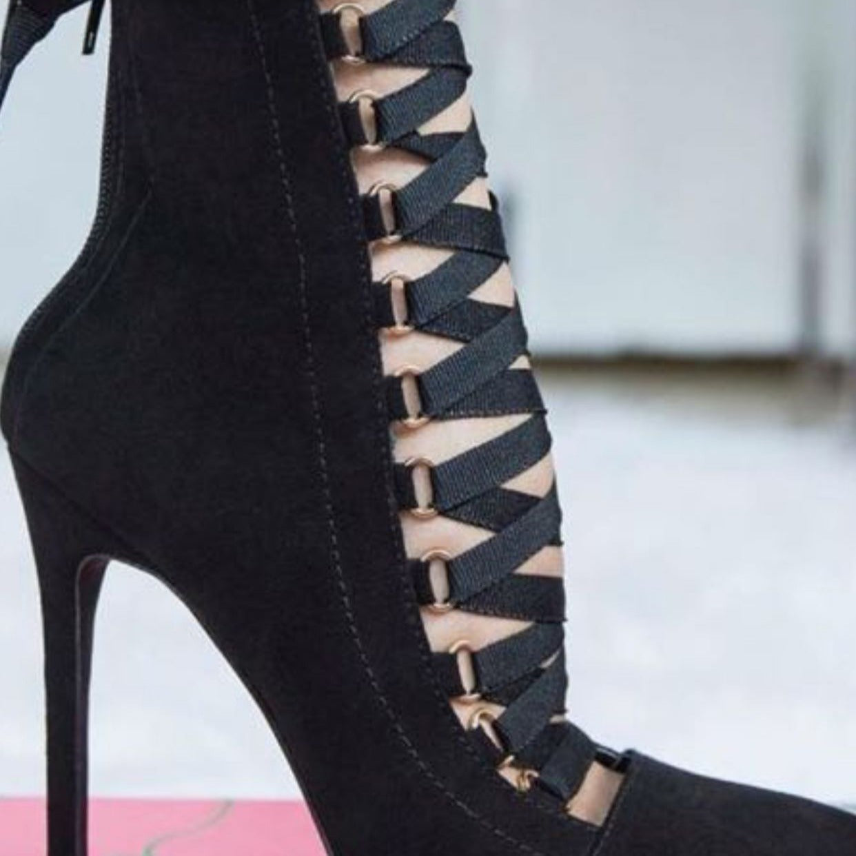 Cross-Strap Oxford Stiletto Heel Martin Boots Pointed Toe Lace High-Heeled Mid-Boots Single Boots Women