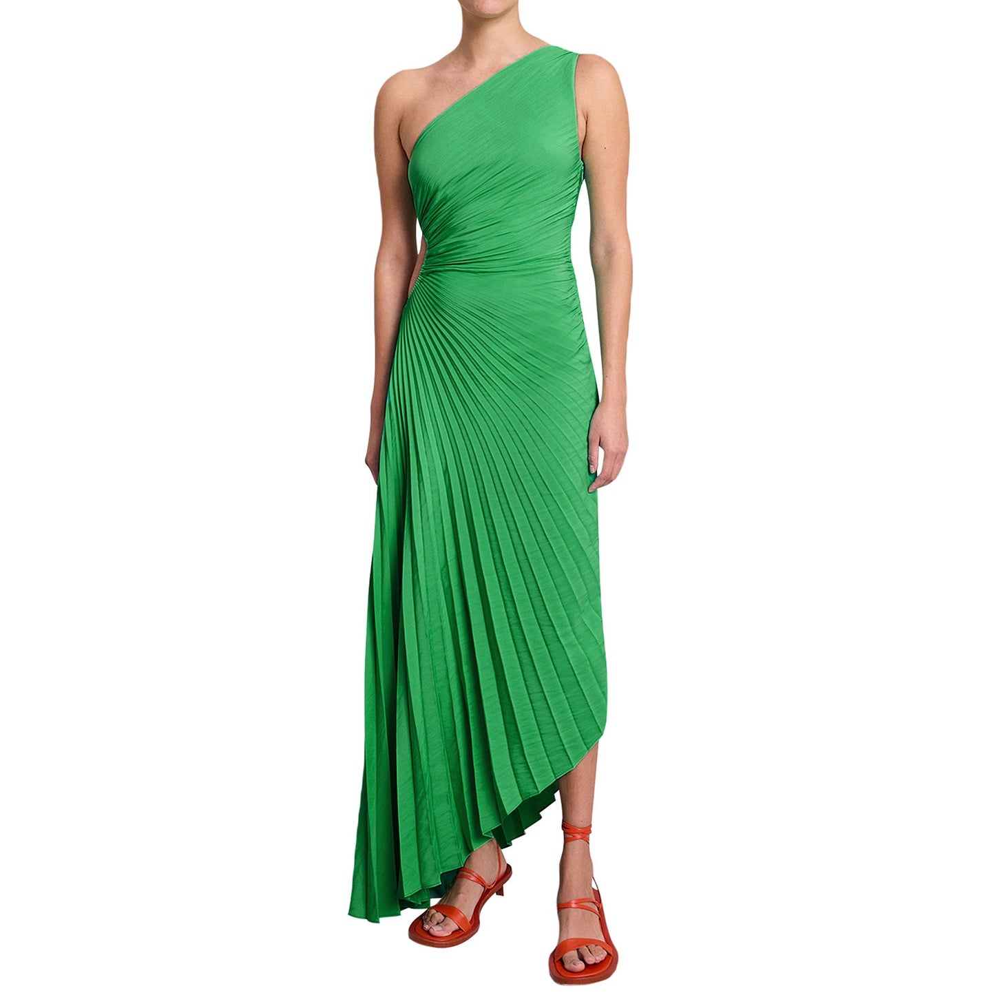 Single shoulder diagonal neckline pleated hollow out dress skirt (satin)