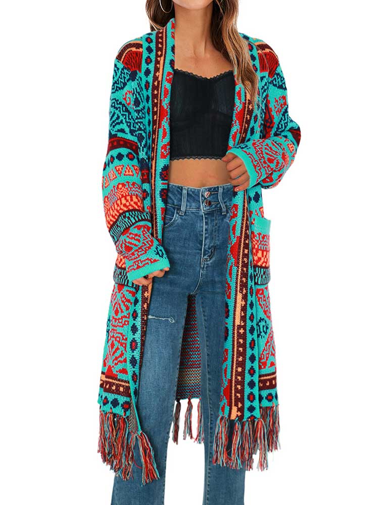 BOHO INSPIRED Knit Cardigans Jacquard cardigan Coat Women autumn winter Geometry Open stitch Tassel bohemian long cardigan women