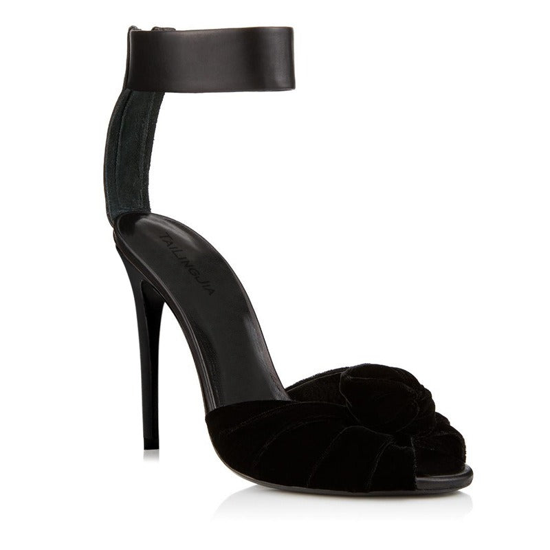 European and American Womens Red Black Velvet Knotted High Heels Sandals, Oversized Fashion Shoes