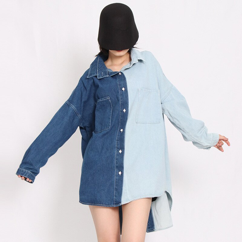 SuperAen Turn Down Collar Shirt Autumn  New Fashion Contrast Patchwork Full Jeans Womens Tops