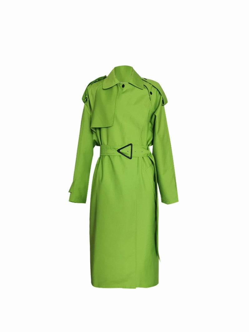 Fluorescent green large lapel mid length lace up loose windbreaker jacket
