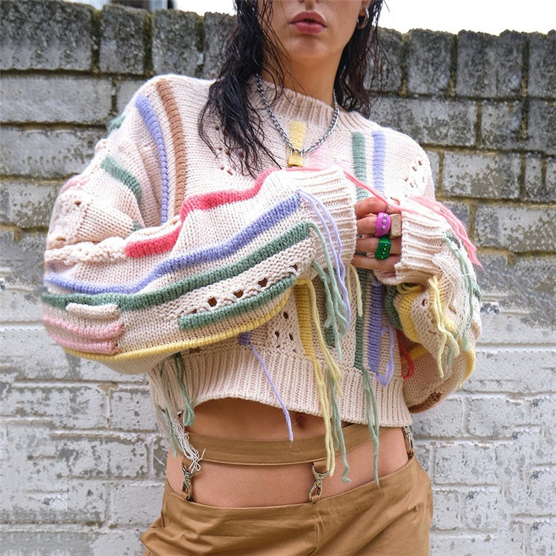 European and American Style Women's Spring New Ins Street Photo Fashion Knit Shirt Color Matching Tassels Versatile Casual Sweat