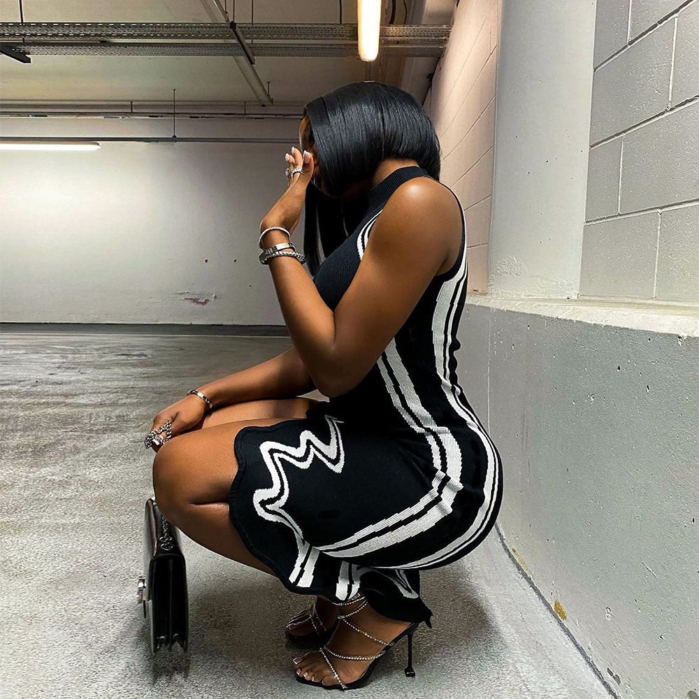 European and American Women's Spring New Irregular Slanted Skirt Contrast Color Sexy Sweater Dress