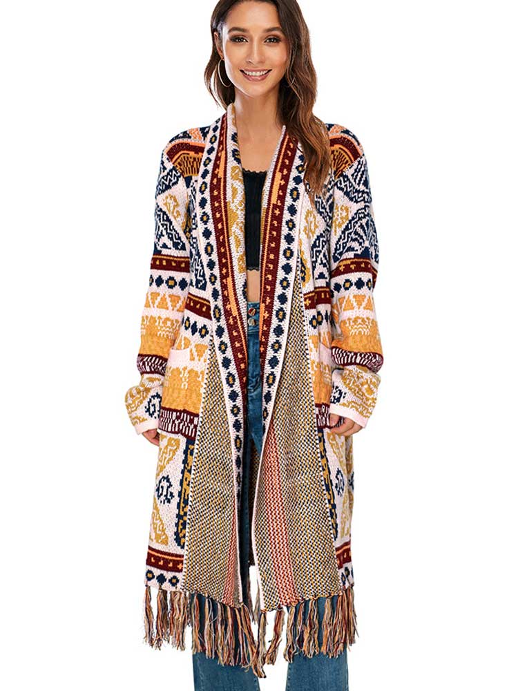 BOHO INSPIRED Knit Cardigans Jacquard cardigan Coat Women autumn winter Geometry Open stitch Tassel bohemian long cardigan women