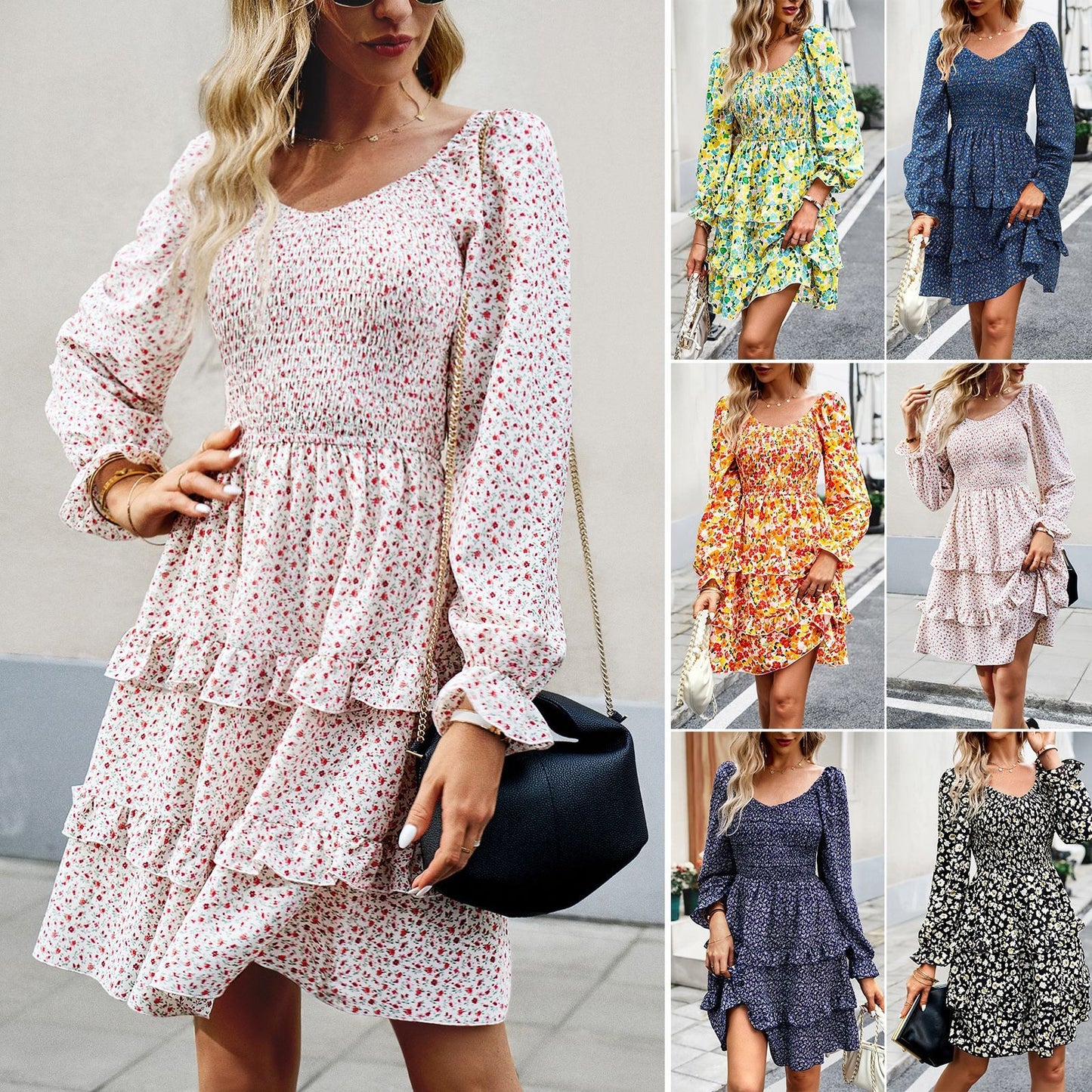 Dress Women's casual floral V-neck long sleeved skirt