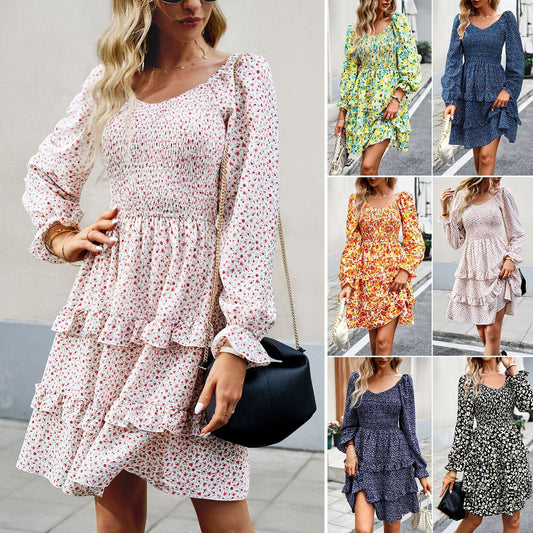 Dress Women's casual floral V-neck long sleeved skirt