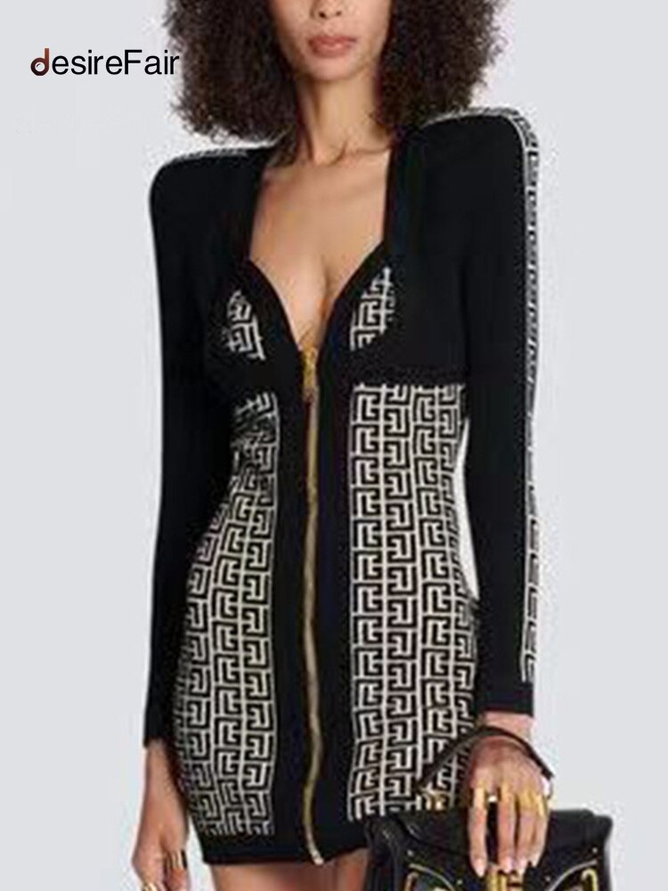 DesireFair Trendy Women Slim Casual Sexy Wind V-Neck Long-Sleeved Jacquard Zipper High Waist Splicing Tight Dresses